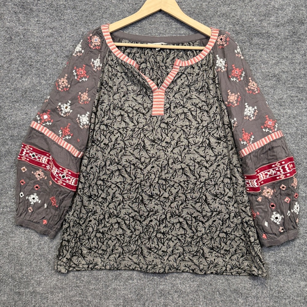 John Mark XL Top Blouse Gray Boho Peasant Embroidered Embellished Long Sleeves